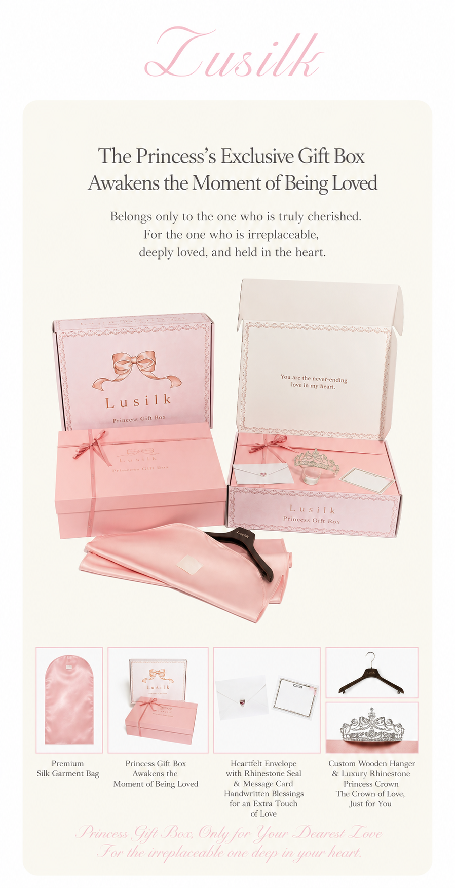 Lusilk Princess Exclusive Gift Box set in soft pink, featuring multiple gift boxes, a satin scarf, a small black bow, and several included accessories shown in a collage layout with descriptive text.